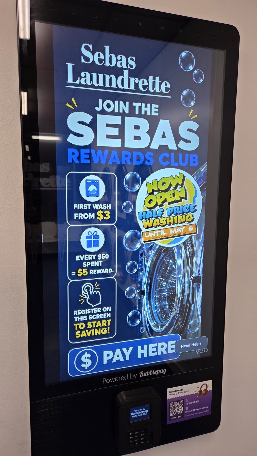 Kiosk screen inviting customers to join the Sebas Rewards Club
